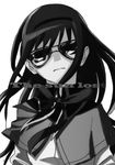  akemi_homura bad_id bad_pixiv_id black_hair facing_viewer greyscale hairband long_hair magical_girl mahou_shoujo_madoka_magica monochrome simple_background solo sunglasses upper_body watanabe_ignica white_background 