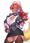  1girl black_lipstick blue_eyes bowsette bracelet breasts cleavage clenched_teeth curvy dark_skin formal horns jewelry kajin_(kajinman) large_breasts lipstick long_hair looking_at_viewer makeup mario_(series) new_super_mario_bros._u_deluxe nintendo red_hair skirt solo spiked_armlet spiked_bracelet spikes standing suit super_crown tail teeth thick_thighs thighhighs thighs 