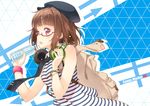  bag bottle brown_hair casual comiket dress glasses hat headphones headphones_around_neck holding hyuuga_azuri looking_at_viewer open_mouth original red_eyes rimless_eyewear short_hair shoulder_bag solo striped striped_dress sweat water_bottle wristband 