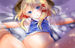  blonde_hair blue_eyes blush bottomless hair_ribbon hat hoozuki_shia lying moriya_suwako navel on_back out-of-frame_censoring ribbon solo spread_legs sweatdrop touhou white_legwear 