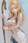  blonde_hair breasts cleavage dated dress elf green_eyes medium_breasts original pointy_ears solo staff toro_(konirio) 
