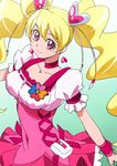  blonde_hair choker cure_peach earrings fresh_precure! gradient gradient_background green_background hair_ornament heart heart_earrings heart_hair_ornament jewelry long_hair looking_at_viewer magical_girl manji_(tenketsu) momozono_love pink_choker pink_eyes precure smile solo twintails 
