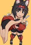  1girl :3 animal_ear_fluff animal_ears barcode barcode_tattoo black_cat_clapping_(meme) black_eyes black_gloves black_hair black_shorts bridal_gauntlets cat_ears cat_girl cat_tail commentary dark-skinned_female dark_skin detached_sleeves dos_(james30226) facial_mark from_above gloves hair_intakes highres looking_at_viewer meme nekomiya_mana orange_background reaching reaching_towards_viewer red_sleeves shorts simple_background solid_circle_pupils solo tail tattoo tongue tongue_out triangle triangle_facial_mark zenless_zone_zero 