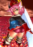  7th_dragon 7th_dragon_(series) animal_ears ass boots cat_ears d01 field fighter_(7th_dragon) flower flower_field gauntlets gloves green_eyes hair_bobbles hair_ornament harukara_(7th_dragon) huge_weapon knee_boots looking_at_viewer looking_back over_shoulder pink_hair short_hair smile solo striped striped_legwear sword sword_over_shoulder thighhighs weapon weapon_over_shoulder 