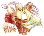  artist_name blonde_hair cherry-burlesque closed_eyes dark_skin eyeliner eyeshadow hair_bun impa interracial kiss long_hair makeup multiple_girls pointy_ears scarf sheik the_legend_of_zelda the_legend_of_zelda:_ocarina_of_time turban white_hair yuri zelda_musou 