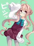  ahoge glasses kantai_collection long_hair long_sleeves looking_at_viewer makigumo_(kantai_collection) nagasioo pantyhose salute sleeves_past_fingers sleeves_past_wrists smile solo 