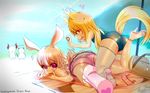  all_fours animal_ears ass beach bikini bikini_top_removed blonde_hair bottle bunny_ears dark_souls day elin_(tera) foreshortening fox_ears from_behind heart high_heels highres legs long_hair looking_back lotion lying multiple_girls ocean on_stomach pink_eyes pink_hair school_swimsuit souls_(from_software) sunscreen swimsuit tail tera_online thighhighs topless uatemyrice yellow_eyes 