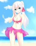  :d anceril_sacred aqua_eyes bangs bare_arms beach bikini blush borrowed_character breasts cleavage cloud collarbone commentary_request day hair_between_eyes hair_ribbon highres horizon long_hair looking_at_viewer medium_breasts navel ocean open_mouth original outdoors ponytail rav_wol ribbon sky smile solo swimsuit water white_hair 
