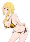  arm_behind_back bikini blonde_hair breasts charlotte_dunois cleavage highres infinite_stratos jewelry large_breasts leaning_forward long_hair navel necklace parted_lips pendant purple_eyes side-tie_bikini smile solo striped striped_bikini swimsuit white_background zucchini 
