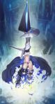  1girl blue_hair chains commentary_request fate/extra fate/extra_ccc fate_(series) flat_chest highres long_hair lynchis meltlilith midriff navel solo spikes thighs upside-down 