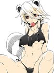  animal_ears araiguma-san arms_behind_back black_panties blonde_hair borrowed_character breasts cleavage condom condom_in_mouth condom_wrapper covered_nipples crop_top crop_top_overhang eyelashes jin_(mugenjin) large_breasts mouth_hold navel original panties pubic_hair raccoon_ears raccoon_tail red_eyes short_hair side-tie_panties sitting solo tail underboob underwear 