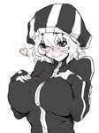  blue_eyes blush borrowed_character breasts covered_nipples fuguu-chan greyscale heart hood hoodie huge_breasts jin_(mugenjin) lips monochrome original short_hair smile solo 