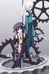  3: :d black_hair blue_eyes ciel_sacred gears hat hayano_hikari highres holding long_hair looking_at_viewer multiple_girls open_mouth pixiv_fantasia pixiv_fantasia_5 polearm red_eyes shirokami_project sitting smile spear standing thighhighs twintails weapon white_hair zettai_ryouiki 