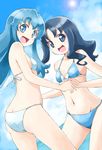  ass bikini blue_eyes blue_hair happinesscharge_precure! heartcatch_precure! kurumi_erika long_hair looking_at_viewer multiple_girls ocean open_mouth precure satogo shirayuki_hime swimsuit 