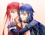  2girls blue_eyes blue_hair fire_emblem fire_emblem:_kakusei long_hair lucina multiple_girls nintendo red_eyes red_hair serena_(fire_emblem) yuri 