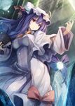  :o blush book bow breasts crescent dress fal_maro hat large_breasts long_hair patchouli_knowledge purple_eyes purple_hair solo striped touhou vertical-striped_dress vertical_stripes very_long_hair 