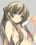  bad_id bad_twitter_id bikini breasts brown_eyes brown_hair character_request food front-tie_top hair_ribbon jpeg_artifacts kawata_hisashi long_hair looking_at_viewer popsicle red_bikini ribbon simple_background sketch small_breasts solo swimsuit upper_body 