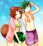  1girl animal_ears bad_id bad_nicoseiga_id bikini blue_eyes brown_eyes brown_hair flower food fruit glasses green_hair hair_flower hair_ornament hairclip heterochromia jacket jacket_over_swimsuit open_mouth original purple_eyes raccoon_ears raccoon_tail short_hair swimsuit tail towel towel_around_neck umino_(anesthesia) watermelon 