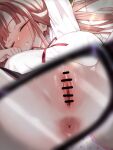  1girl absurdres anus aru_(blue_archive) bar_censor blue_archive blush breasts censored closed_eyes commentary_request crotch_focus highres horns large_breasts long_hair momisan parted_lips pink_hair pov pussy red_ribbon ribbon shirt sleeping solo white_shirt x-ray 