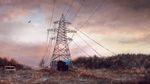  cable cloud cloudy_sky forest grass ground_vehicle highres motor_vehicle nature no_humans original outdoors power_lines scenery shack sky tarpaulin transmission_tower truck wreckage yu-kun 