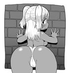  against_wall ass ass_focus breasts cameltoe dark_skin greyscale long_hair looking_back medium_breasts monochrome panties sideboob solo topless two_side_up underwear yoshino_norihito 