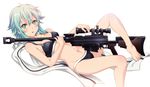  aqua_eyes aqua_hair bare_legs bare_shoulders barefoot between_breasts black_bra black_panties blush bra breasts gun hair_between_eyes hair_ornament hairclip leg_up lying navel open_mouth panties pgm_hecate_ii rifle scarf shian_(my_lonly_life.) short_hair simple_background sinon sniper_rifle solo sword_art_online underwear underwear_only weapon white_background 