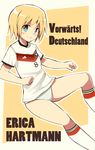  2014_fifa_world_cup blonde_hair blue_eyes erica_hartmann german germany glastonbury1966 highres looking_at_viewer no_pants panties short_hair smile soccer soccer_uniform socks solo sportswear strike_witches text_focus translated underwear white_panties world_cup world_witches_series 