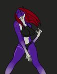  2014 air_guitar animated anthro arun_(tokaido) breasts clothed clothing dancing dragon eyes_closed female hair horn long_hair loop navel panties plain_background playing_instrument purple_skin red_hair rocking scalie scar smile solo sports_bra standing tattoo tokaido underwear 