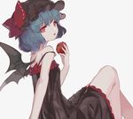  :p alternate_costume apple bat_wings black_dress blue_hair dress food fruit hat hillly_(maiwetea) holding looking_at_viewer mob_cap red_eyes remilia_scarlet short_hair simple_background sitting sketch solo tongue tongue_out touhou white_background wings 