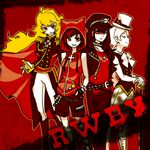  alternate_costume belt black_hair blake_belladonna blonde_hair collar copyright_name eyes_closed hair_over_one_eye hood hoodie multiple_girls ponytail ruby_rose rwby smile weiss_schnee white_hair yang_xiao_long 