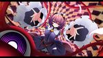 checkered eyeball foreshortening hairband heart highres komeiji_satori looking_at_viewer outstretched_arms petals pink_hair purple_eyes rihito_(usazukin) short_hair smile solo stained_glass third_eye touhou wide_sleeves 