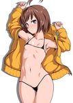  ahoge areolae ass_visible_through_thighs bad_id bad_pixiv_id bikini blush breasts brown_hair covered_nipples drop_shadow expressionless halter_top halterneck highres hood hoodie jacket linne long_sleeves looking_at_viewer lying micro_bikini navel on_back open_clothes open_jacket orange_shirt orochi_itto purple_eyes shiny shiny_skin shirt short_hair simple_background small_breasts solo stomach swimsuit thigh_gap under_night_in-birth white_background 