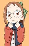  asymmetrical_hair blush bow brown_eyes brown_hair fujiwara_hazuki glasses hair_bow jacket long_hair long_sleeves ojamajo_doremi open_clothes open_jacket orange_background ponytail round_eyewear scarf simple_background solo takken_(kupipo) 