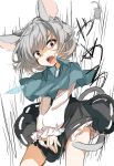  1girl animal_ears bangs black_skirt blue_capelet capelet commentary_request cowboy_shot fang grey_hair highres karasusou_nano long_sleeves looking_at_viewer miniskirt mouse mouse_ears mouse_tail nazrin open_mouth petticoat red_eyes shirt short_hair simple_background skirt solo standing tail thighs touhou translation_request v_arms white_background white_shirt wing_collar 