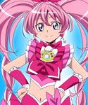  blue_background blue_eyes bow brooch choker cure_melody earrings hands_on_hips heart heart_earrings houjou_hibiki jewelry long_hair looking_at_viewer magical_girl manji_(tenketsu) midriff navel pink_bow pink_choker pink_hair precure smile solo suite_precure twintails 