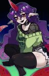  1girl absurdres belt belt_collar black_thighhighs collar collarbone commentary crossed_legs denim denim_shorts double-parted_bangs earrings english_commentary green_shirt green_shorts highres horns jewelry lizard_tail multiple_earrings pointy_ears purple_horns purple_tail rinnytanart shirt shorts single_horn solo studded_belt studs tail tenkajin_chiyari thighhighs torn_clothes torn_shorts touhou very_long_tail 