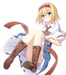  alice_margatroid bad_id bad_pixiv_id blonde_hair blue_eyes book boots convenient_leg cross-laced_footwear full_body hairband holding holding_book lolita_hairband looking_at_viewer ro-ichi short_hair simple_background smile solo touhou white_background 