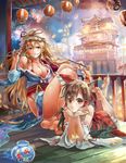  architecture barefoot blonde_hair breasts brown_eyes chin_rest cloud detached_sleeves east_asian_architecture fireworks fish fishbowl flower goldfish hair_tubes hakurei_reimu hat himuro_(dobu_no_hotori) japanese_clothes kimono kiseru lantern large_breasts long_hair looking_at_viewer lying multiple_girls night obi off_shoulder on_stomach open_clothes pipe red_eyes sash sitting touhou yakumo_yukari 