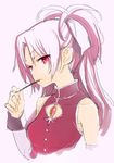  azuma_sawayoshi food long_hair magical_girl mahou_shoujo_madoka_magica mahou_shoujo_madoka_magica_movie pocky ponytail red_eyes red_hair sakura_kyouko simple_background solo soul_gem upper_body 