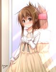  alternate_costume artist_name blush brown_eyes brown_hair casual dress folded_ponytail hair_ornament hairclip hand_on_own_chest haryuu_(poetto) inazuma_(kantai_collection) kantai_collection long_sleeves looking_at_viewer reflection skirt_hold smile solo 