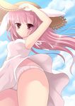  :o animal_ears bunny_ears casual cloud cloudy_sky day dress from_below hand_on_headwear hat hoshimame_mana long_hair original panties pantyshot pantyshot_(standing) parted_lips pink_eyes pink_hair sky solo standing straw_hat summer underwear white_dress white_panties wind wind_lift 