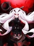  absurdres aiming_at_viewer anchorage_oni bare_shoulders black_dress black_gloves dress elbow_gloves from_above gloves hair_ornament hand_on_own_chest highres kantai_collection litsvn long_hair looking_at_viewer machinery red_eyes shinkaisei-kan solo turret very_long_hair white_hair 