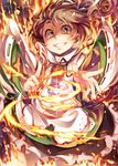  brown_hair clenched_teeth commentary_request fire green_eyes hat long_hair looking_at_viewer mononobe_no_futo pyrokinesis smile soine solo tate_eboshi teeth touhou 