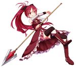  bare_shoulders black_legwear boots detached_sleeves full_body long_hair looking_at_viewer magical_girl mahou_shoujo_madoka_magica momobosi polearm ponytail red_eyes red_hair sakura_kyouko simple_background smile solo spear thighhighs weapon white_background zettai_ryouiki 