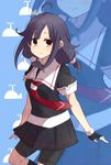  ahoge alternate_costume bad_id bad_pixiv_id black_gloves black_hair cosplay fingerless_gloves gloves hair_flaps highres kantai_collection looking_at_viewer low_twintails pleated_skirt red_eyes remodel_(kantai_collection) school_uniform serafuku shigure_(kantai_collection) shigure_(kantai_collection)_(cosplay) skirt smile solo taigei_(kantai_collection) twintails wind yukichi_(eikichi) zoom_layer 