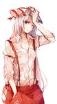  bow fujiwara_no_mokou hair_bow hand_in_pocket one_eye_closed open_collar red_eyes shuzi solo suspenders touhou wet white_background white_hair 