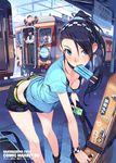  2boys bag bent_over black_hair blue_eyes bra breasts character_request downblouse duffel_bag earrings food gloves ground_vehicle guitar_case hair_over_one_eye hairband instrument_case jewelry kashima_noa leaning_forward long_hair md5_mismatch midriff mouth_hold multiple_boys ponytail popsicle rail_wars! scrunchie shirt shorts small_breasts standing sweat t-shirt tactile_paving train train_conductor train_station underwear uniform vania600 wristband 