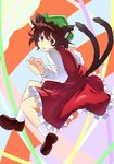  abstract_background animal_ears brown_eyes brown_hair cat_ears cat_tail chen earrings hamakenn hat highres jewelry long_sleeves looking_at_viewer looking_back multiple_tails nekomata short_hair smile socks solo tail touhou 