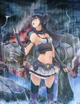 bare_shoulders black_gloves black_hair chrone dark_sky elbow_gloves electricity fingerless_gloves gloves headgear highres kantai_collection lightning long_hair looking_up machinery midriff nagato_(kantai_collection) open_mouth pleated_skirt rain red_eyes skirt solo storm thighhighs torn_clothes torn_gloves torn_skirt white_skirt zettai_ryouiki 