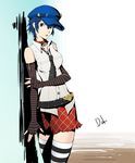  1girl blue_eyes blue_hair cabbie_hat collar cosplay dh_(brink_of_memories) elbow_gloves fingerless_gloves gloves hat marie_(persona_4) marie_(persona_4)_(cosplay) persona persona_4 persona_4_the_golden plaid plaid_skirt shirogane_naoto short_hair skirt striped striped_legwear striped_sleeves 